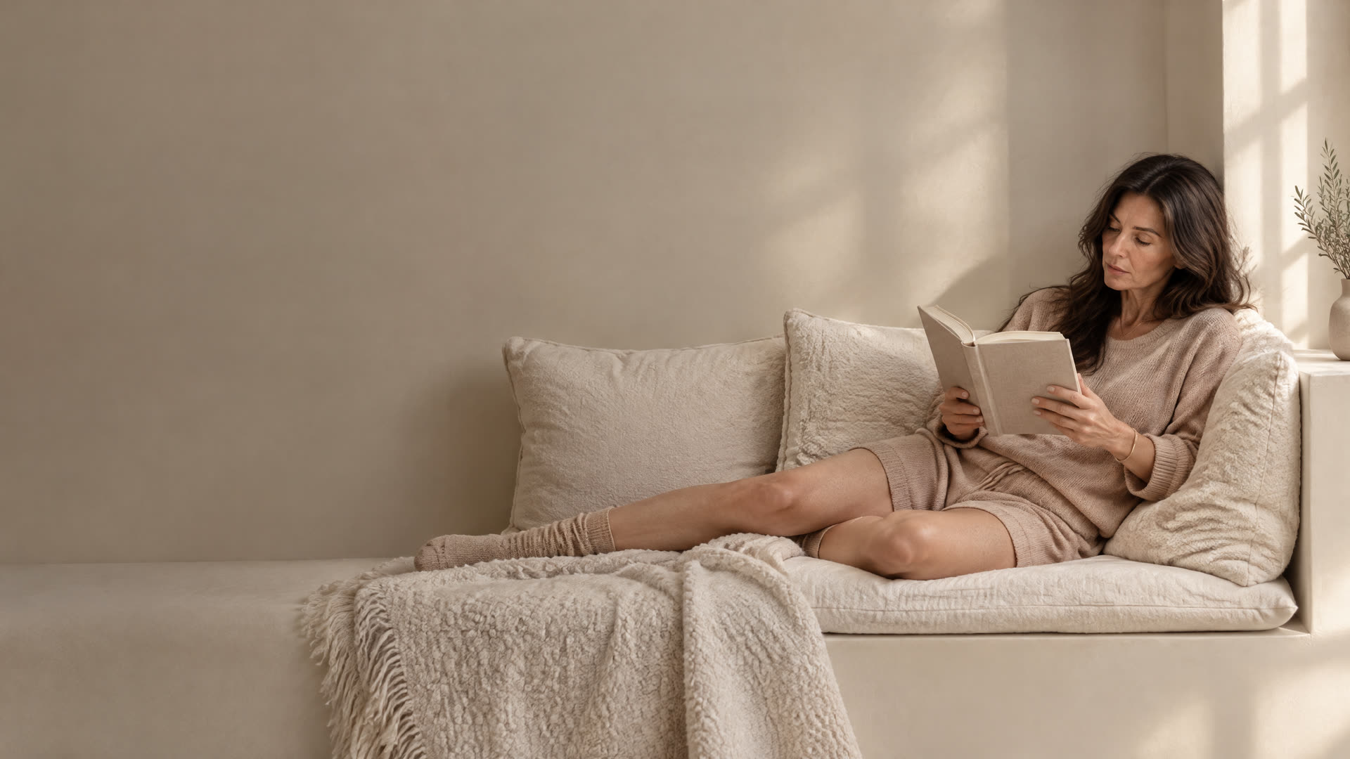 A midlife woman reading in a calm, light-filled room